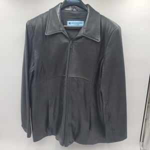 Kenneth Cole Reaction Mens Black Leather Full Zip Jacket XL Point Collar Lined